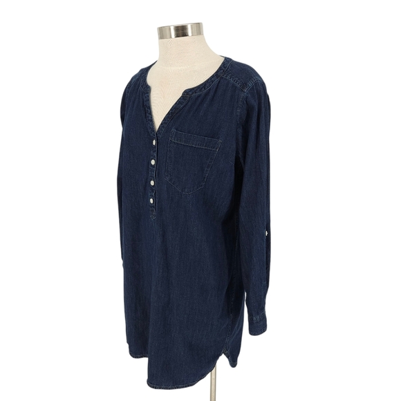 Express Denim Shift Shirt Dress Dark Wash Long Sleeve Button V Neck Large - Picture 4 of 7